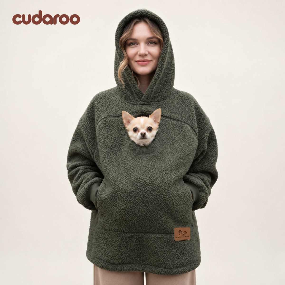 Cudaroo pet pouch hoodie in olive with a small chihuahua in the chest pouch