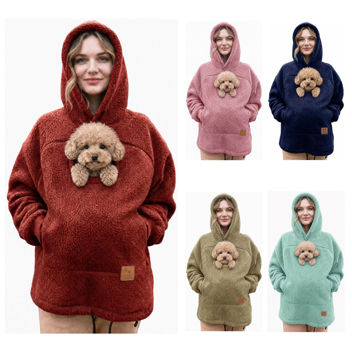 All five Cudaroo pet pouch hoodie colorways: red, pink, blue, cream and turquoise