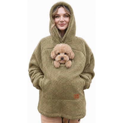 Cudaroo pet pouch hoodie in cream with a small poodle in the pouch