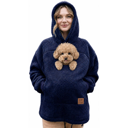 Cudaroo pet pouch hoodie in blue with a small poodle in the pouch