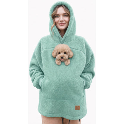 Cudaroo pet pouch hoodie in turquoise with a small poodle in the pouch