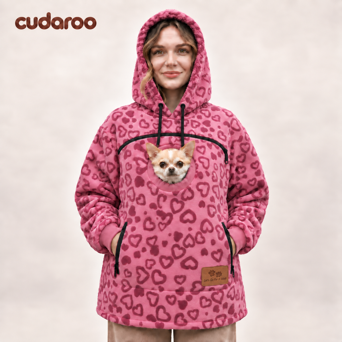 Cudaroo pet pouch hoodie in rose heart print with a small chihuahua in the chest pouch
