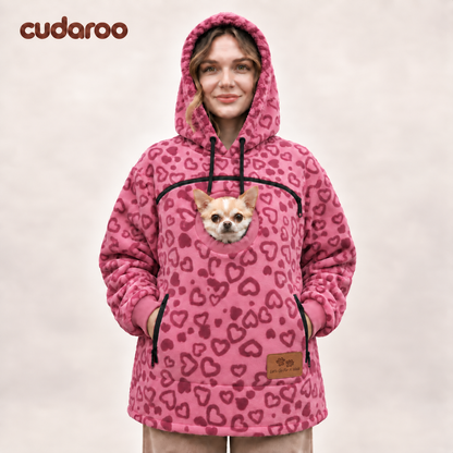 Cudaroo pet pouch hoodie in rose heart print with a small chihuahua in the chest pouch