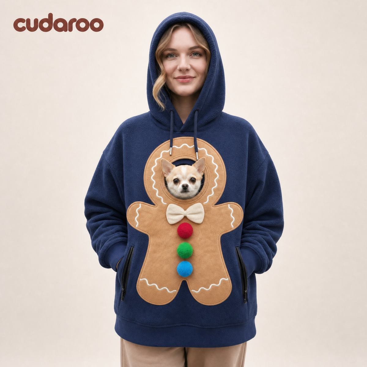 Cudaroo pet pouch hoodie in navy Gingerbread Christmas design with a small chihuahua in the chest pouch