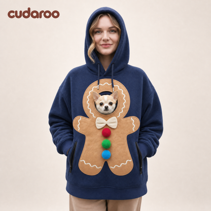Cudaroo pet pouch hoodie in navy Gingerbread Christmas design with a small chihuahua in the chest pouch