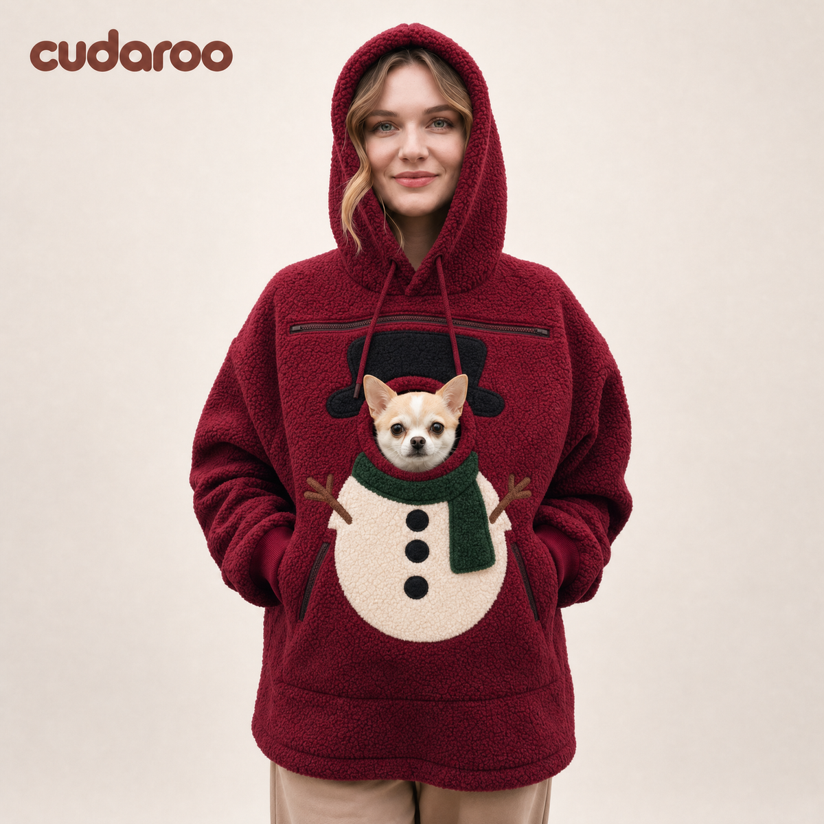Cudaroo pet pouch hoodie in burgundy Snowman Christmas design with a small chihuahua in the chest pouch