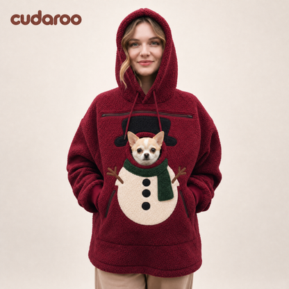 Cudaroo pet pouch hoodie in burgundy Snowman Christmas design with a small chihuahua in the chest pouch