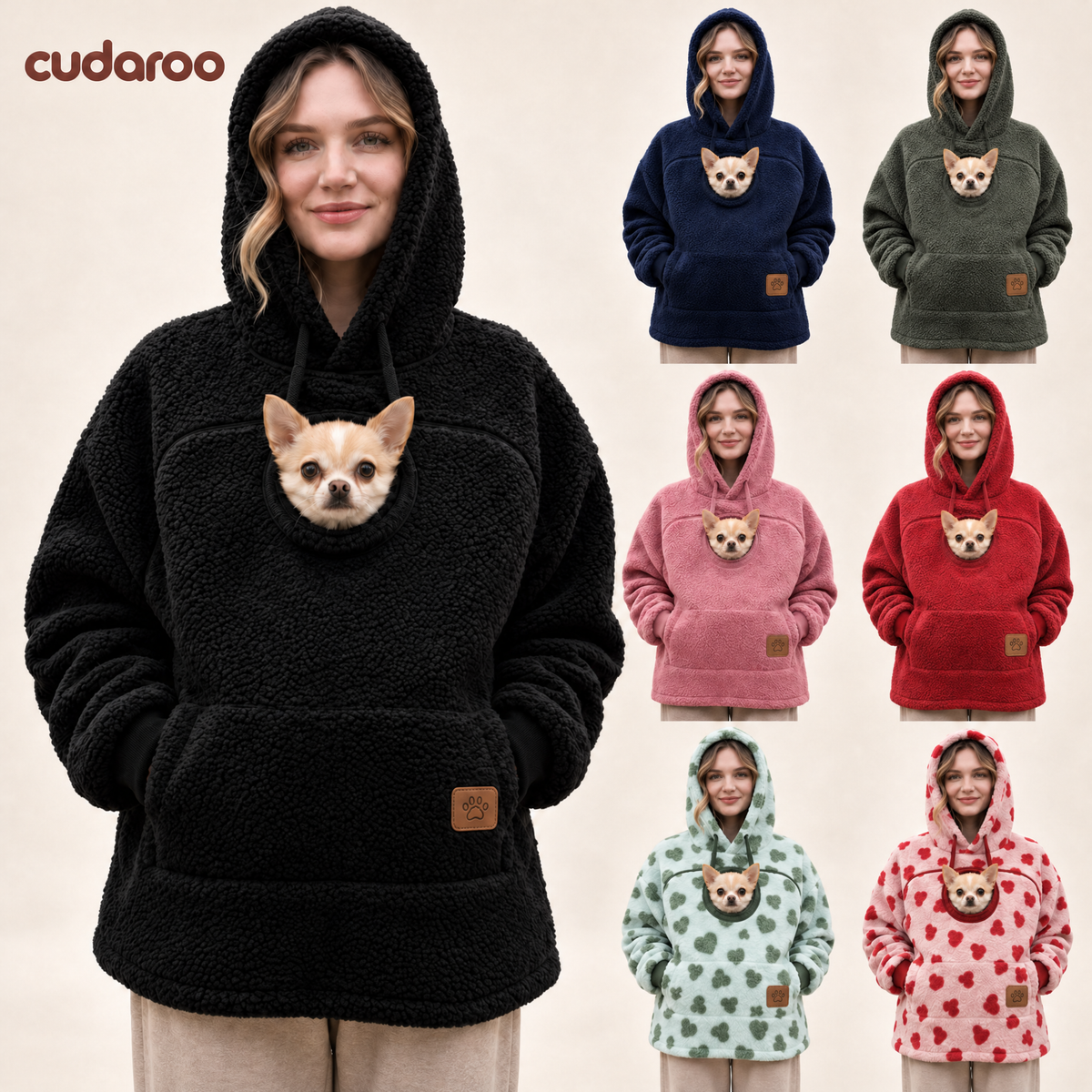 Cudaroo pet pouch hoodie in black with a chihuahua in the chest pouch, plus navy, olive, pink, red, green heart and red heart colorways