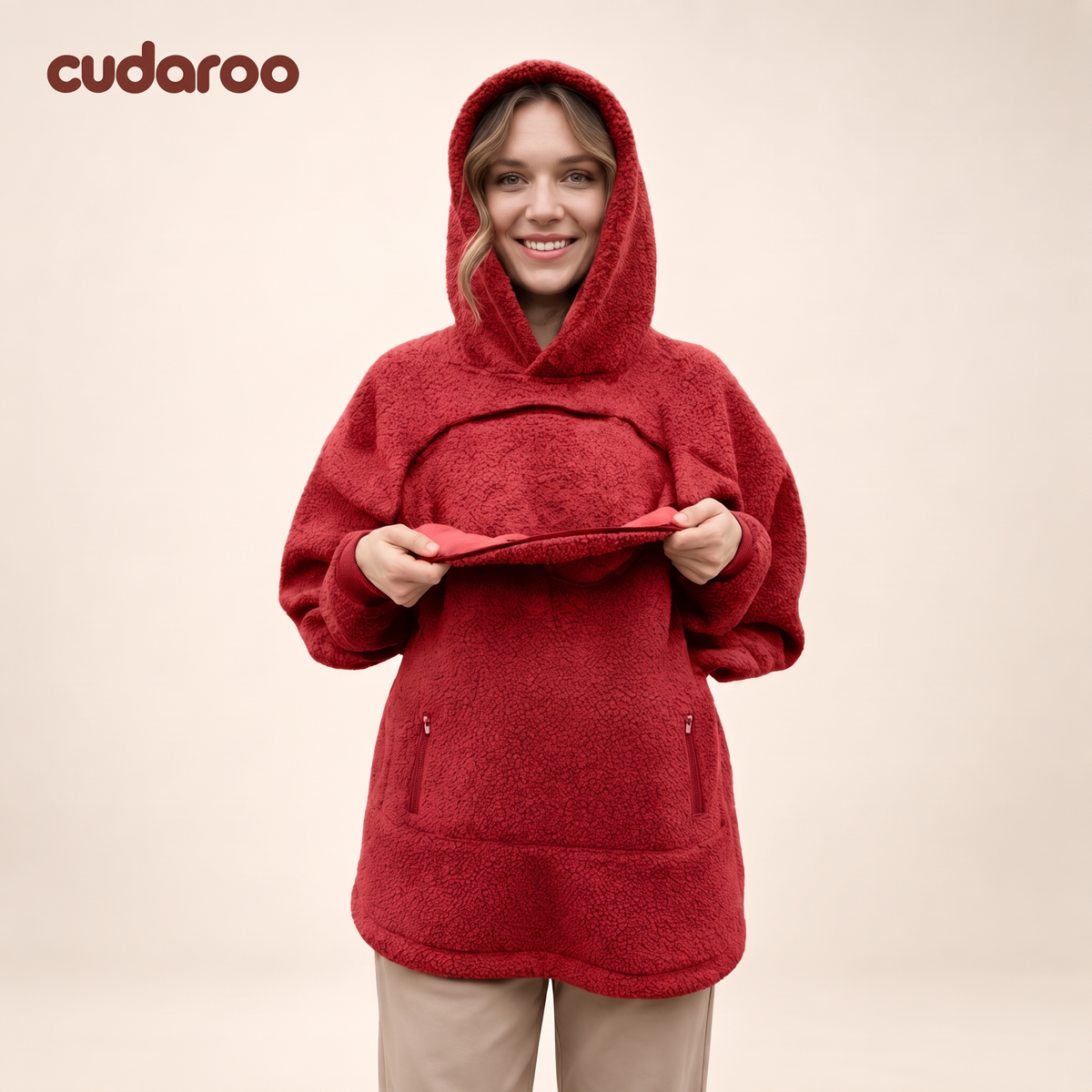 Cudaroo pet pouch hoodie in red with the chest pouch held open