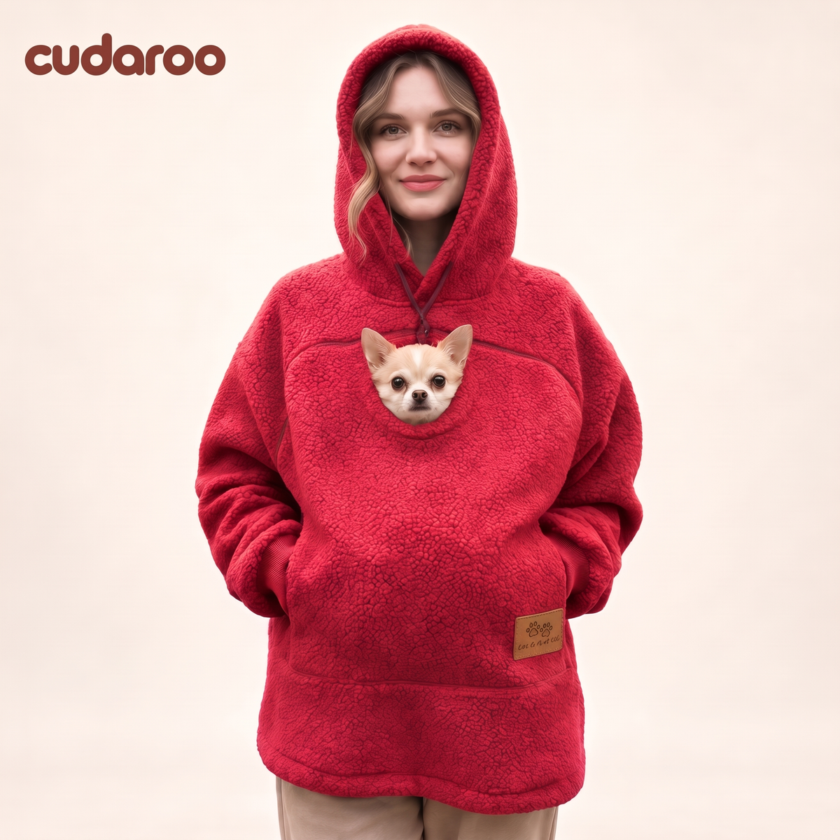 Cudaroo Pet Pouch Hoodie in Red with a small chihuahua in the chest pouch
