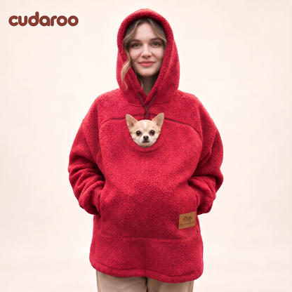 Cudaroo Pet Pouch Hoodie in Red with a small chihuahua in the chest pouch