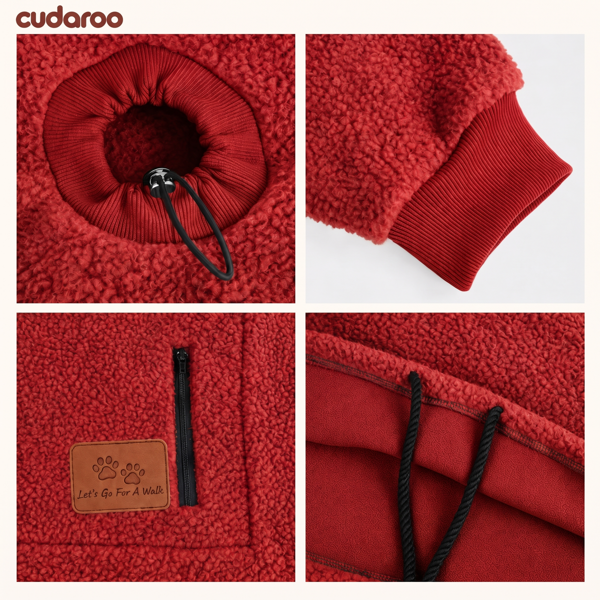 Cudaroo pet pouch hoodie red details: drawcord head hole, ribbed cuff, zipped side pocket with leather patch, fleece-lined pouch