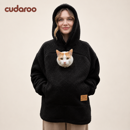 Cudaroo pet pouch hoodie in black with a cat in the chest pouch